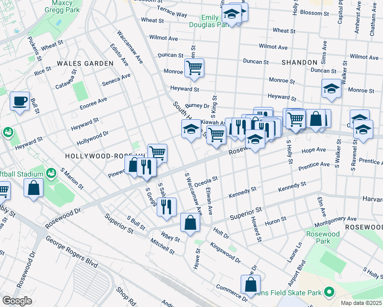 map of restaurants, bars, coffee shops, grocery stores, and more near 333 Etiwan Avenue in Columbia