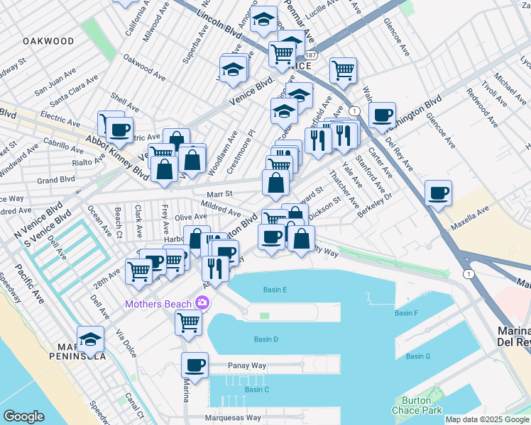 map of restaurants, bars, coffee shops, grocery stores, and more near 702 Washington Boulevard in Los Angeles