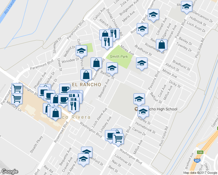 map of restaurants, bars, coffee shops, grocery stores, and more near 6407 Bequette Avenue in Pico Rivera