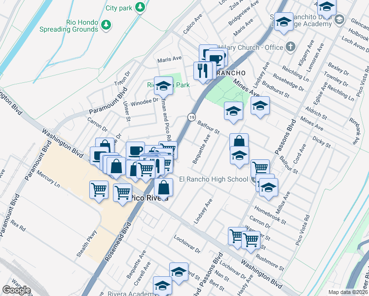 map of restaurants, bars, coffee shops, grocery stores, and more near in Pico Rivera