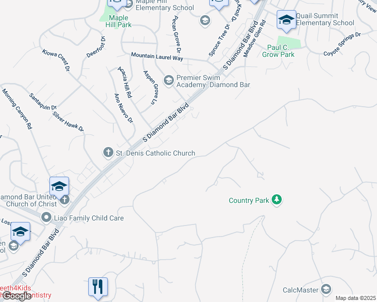 map of restaurants, bars, coffee shops, grocery stores, and more near 22821 Ridge Line Road in Diamond Bar