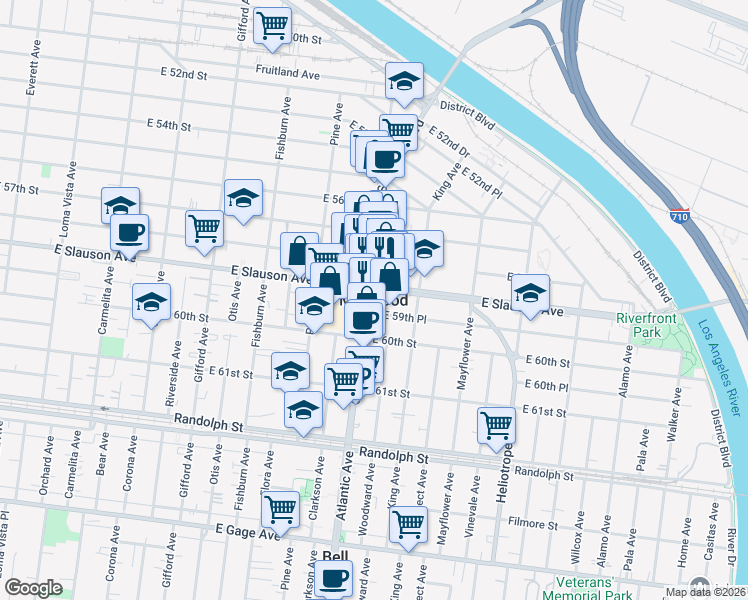 map of restaurants, bars, coffee shops, grocery stores, and more near 5600 Atlantic Boulevard in Maywood