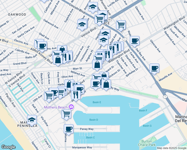 map of restaurants, bars, coffee shops, grocery stores, and more near 702 Washington Boulevard in Los Angeles