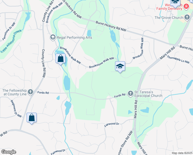 map of restaurants, bars, coffee shops, grocery stores, and more near 1294 Red Rock Road Northwest in Acworth