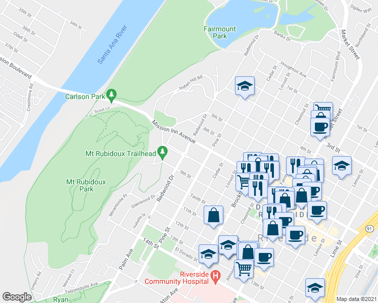 map of restaurants, bars, coffee shops, grocery stores, and more near 3754 Redwood Drive in Riverside