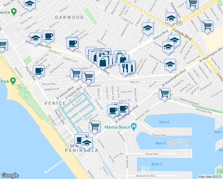 map of restaurants, bars, coffee shops, grocery stores, and more near 2329 Clement Avenue in Los Angeles