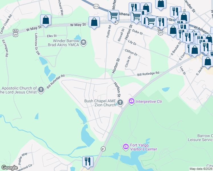 map of restaurants, bars, coffee shops, grocery stores, and more near 2002 Massey Lane in Winder