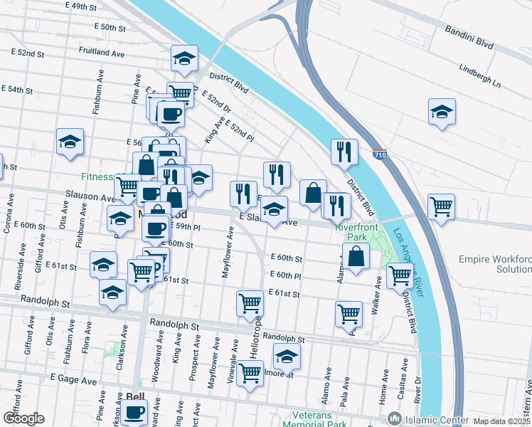 map of restaurants, bars, coffee shops, grocery stores, and more near 4759 Slauson Avenue in Maywood