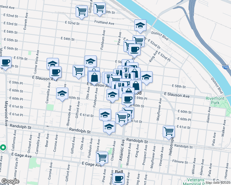 map of restaurants, bars, coffee shops, grocery stores, and more near 5911 Pine Avenue in Maywood