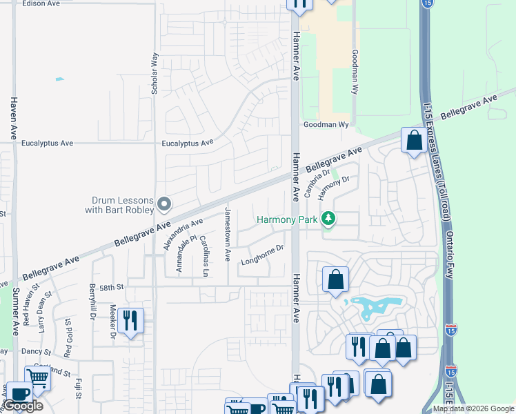 map of restaurants, bars, coffee shops, grocery stores, and more near 5714 Raft Circle in Corona