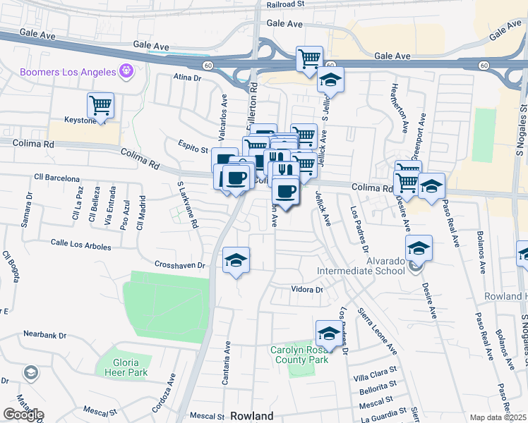 map of restaurants, bars, coffee shops, grocery stores, and more near 18378 Camino Bello in Rowland Heights