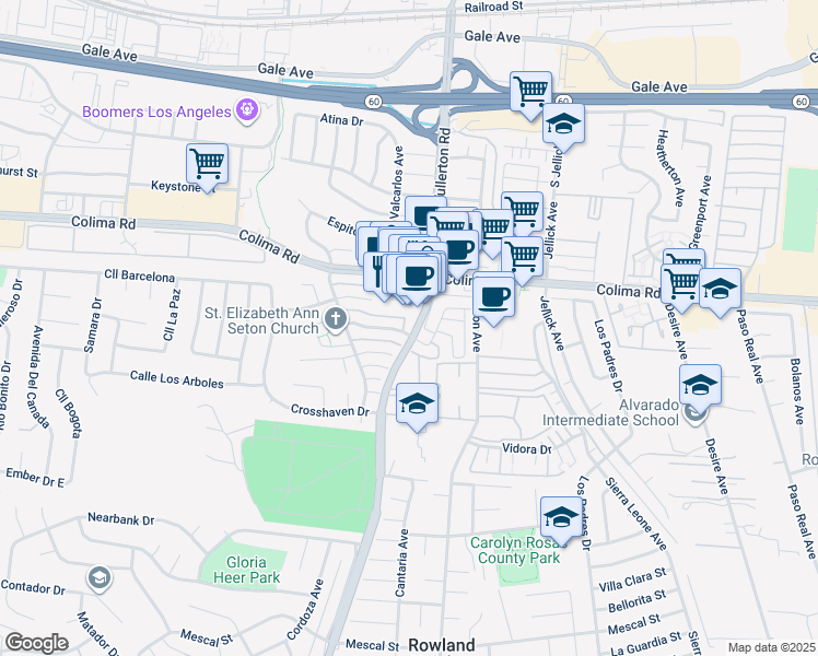 map of restaurants, bars, coffee shops, grocery stores, and more near 1751 Fullerton Road in Rowland Heights