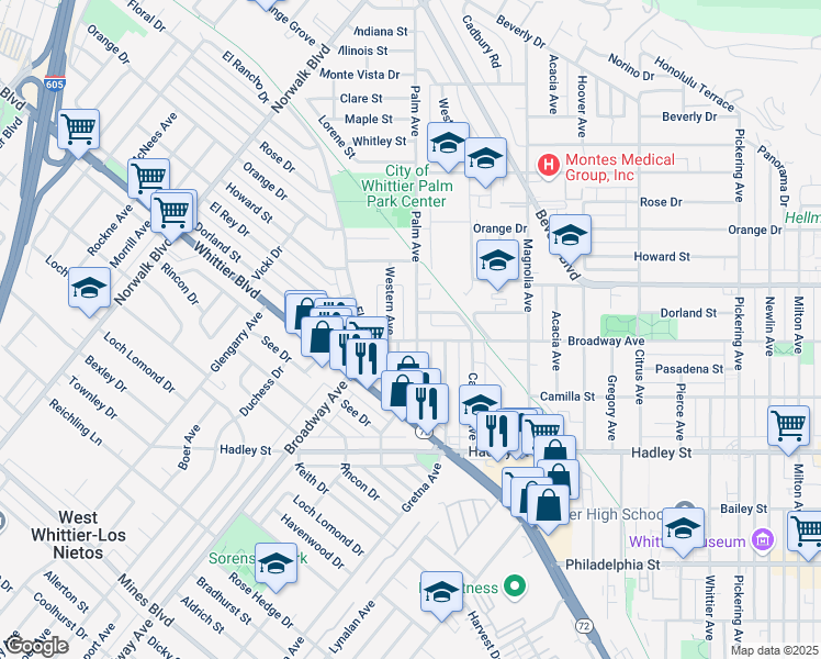 map of restaurants, bars, coffee shops, grocery stores, and more near 6044 Palm Avenue in Whittier