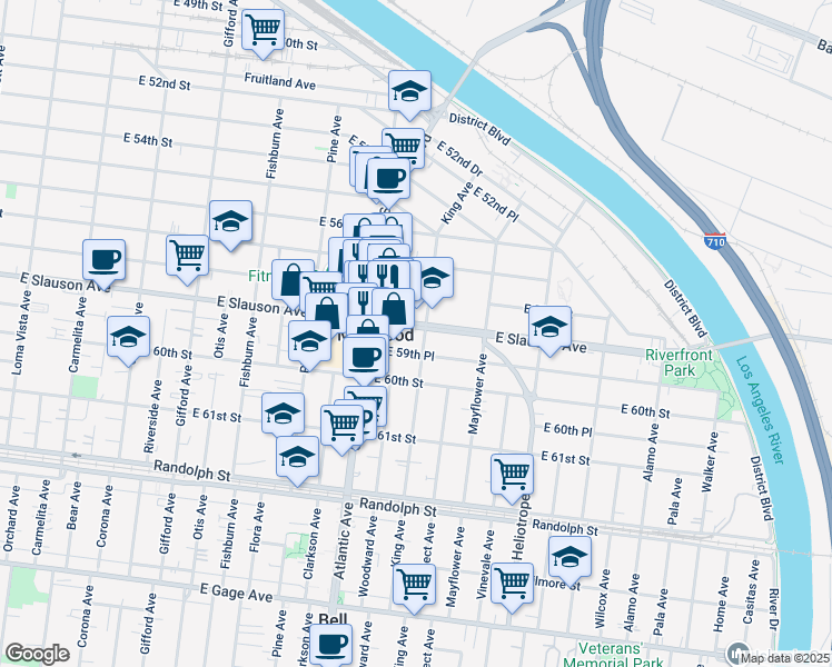 map of restaurants, bars, coffee shops, grocery stores, and more near 4557 Slauson Avenue in Maywood