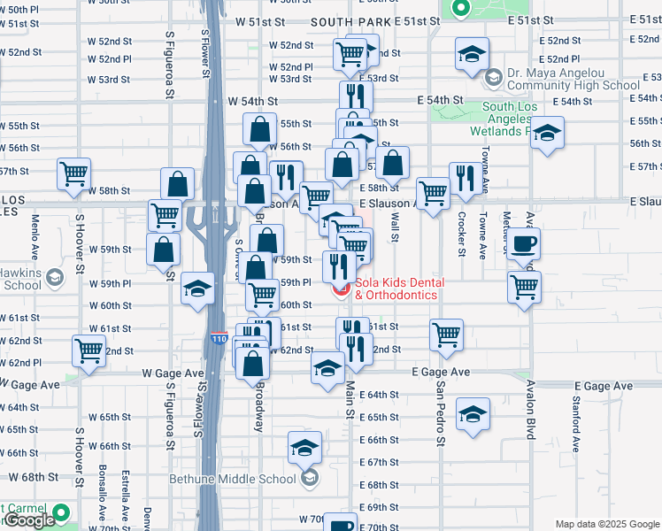 map of restaurants, bars, coffee shops, grocery stores, and more near 134 West 59th Street in Los Angeles