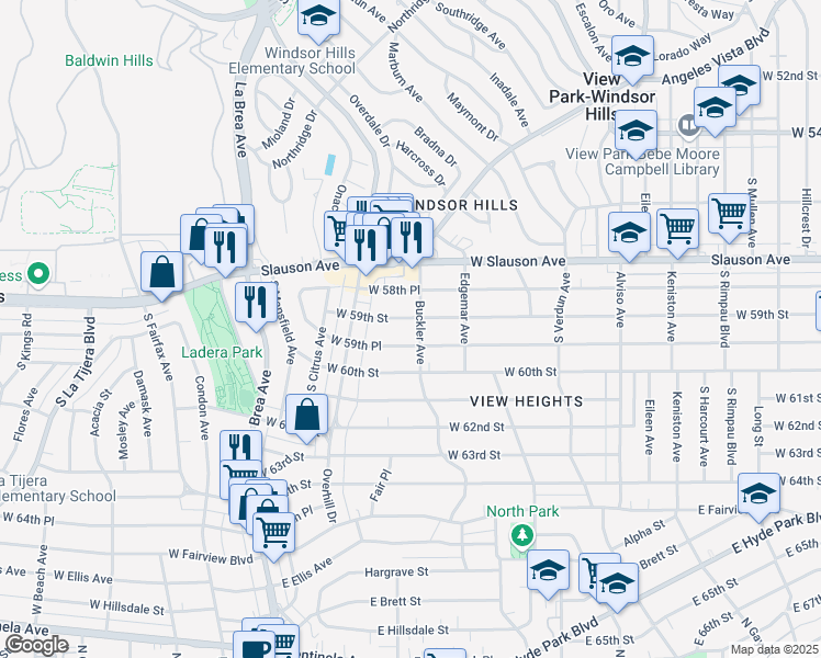 map of restaurants, bars, coffee shops, grocery stores, and more near 4408 West 59th Street in Los Angeles
