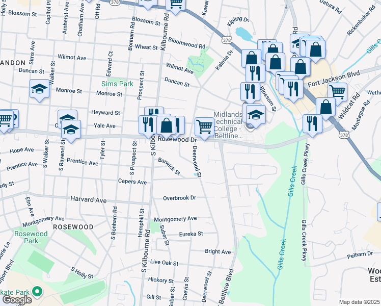 map of restaurants, bars, coffee shops, grocery stores, and more near 4004 Rosewood Drive in Columbia