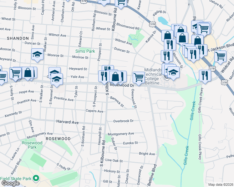 map of restaurants, bars, coffee shops, grocery stores, and more near 222 South Kilbourne Road in Columbia
