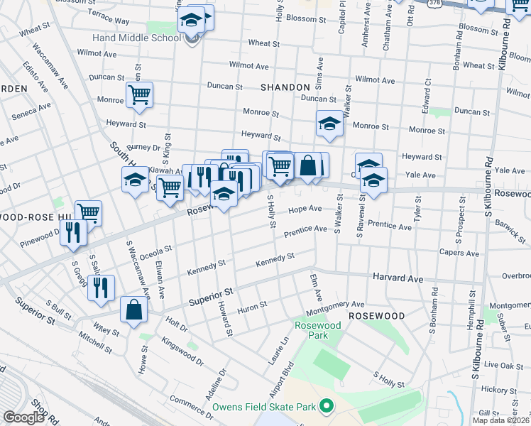 map of restaurants, bars, coffee shops, grocery stores, and more near 432 South Holly Street in Columbia