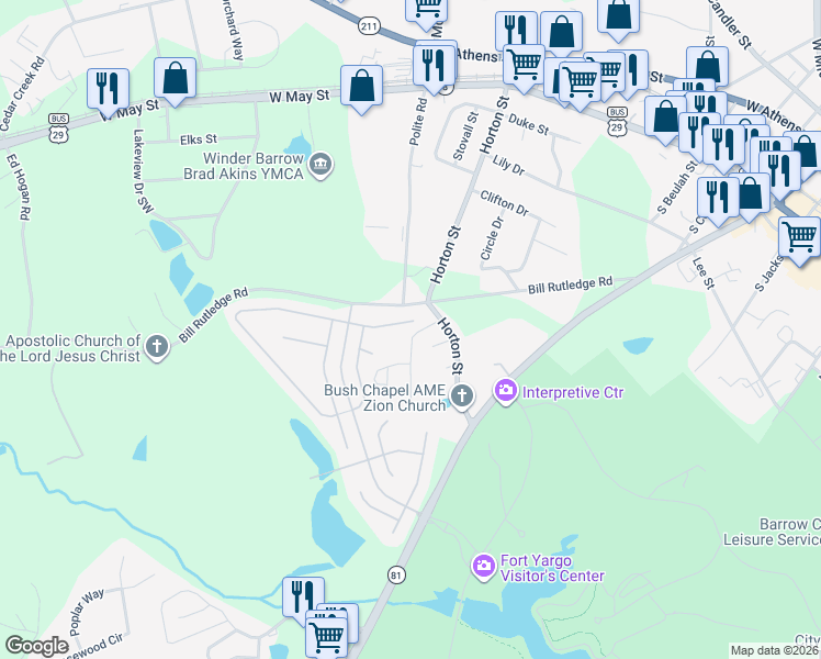 map of restaurants, bars, coffee shops, grocery stores, and more near 2002 Massey Lane in Winder