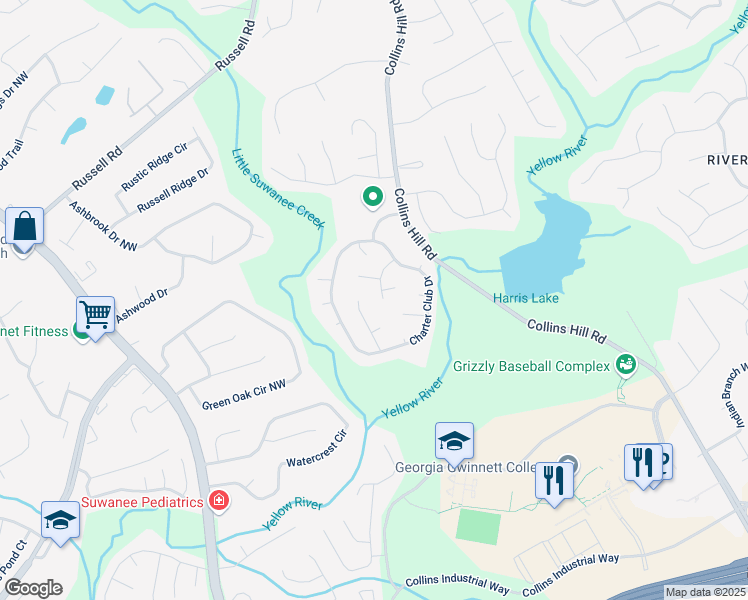 map of restaurants, bars, coffee shops, grocery stores, and more near 1284 Charter Club Court in Lawrenceville