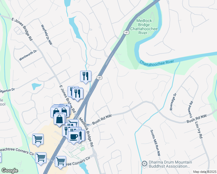 map of restaurants, bars, coffee shops, grocery stores, and more near 4056 Kingsley Park Court in Duluth