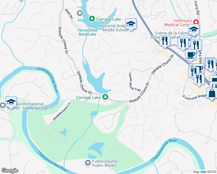 map of restaurants, bars, coffee shops, grocery stores, and more near 2675 Misty Morning Lane in Roswell