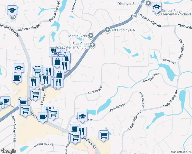 map of restaurants, bars, coffee shops, grocery stores, and more near 4646 Villa Ridge Road in Marietta