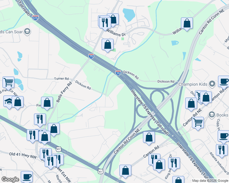 map of restaurants, bars, coffee shops, grocery stores, and more near 142 Dickson Court Northeast in Marietta
