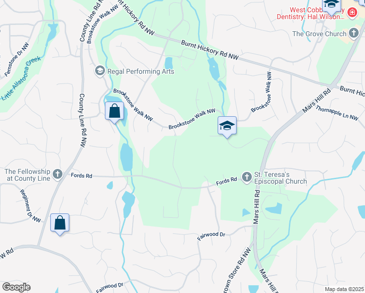 map of restaurants, bars, coffee shops, grocery stores, and more near 1294 Red Rock Road Northwest in Acworth