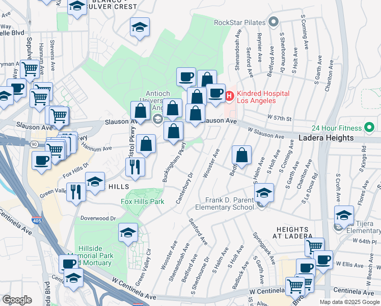 map of restaurants, bars, coffee shops, grocery stores, and more near 5650 Cambridge Way in Culver City