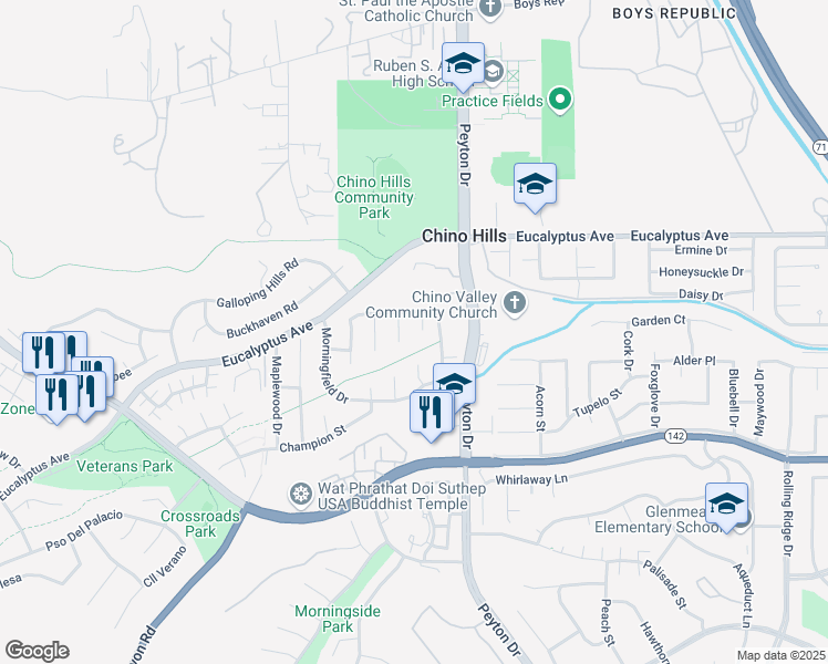 map of restaurants, bars, coffee shops, grocery stores, and more near 14676 Summerbreeze Circle in Chino Hills
