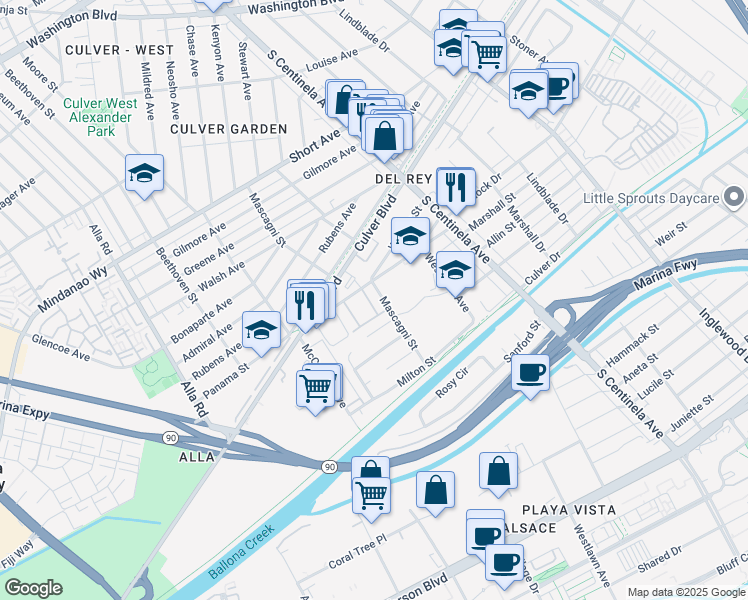 map of restaurants, bars, coffee shops, grocery stores, and more near 12530 Braddock Drive in Los Angeles