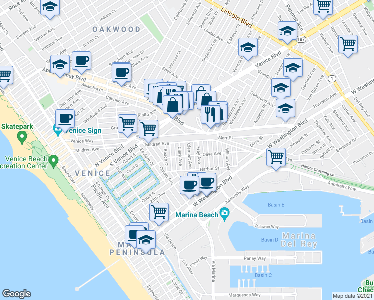 map of restaurants, bars, coffee shops, grocery stores, and more near 2329 Clement Avenue in Los Angeles