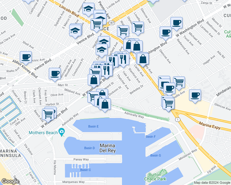 map of restaurants, bars, coffee shops, grocery stores, and more near 846 Dickson Street in Los Angeles
