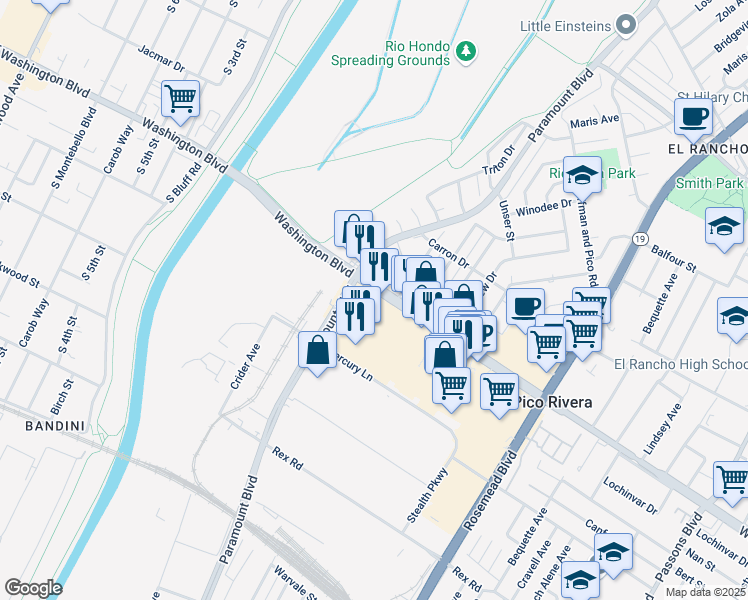 map of restaurants, bars, coffee shops, grocery stores, and more near 8450 Washington Boulevard in Pico Rivera