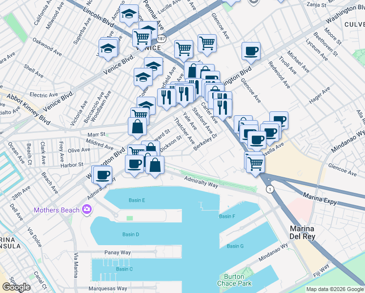 map of restaurants, bars, coffee shops, grocery stores, and more near 3125 Thatcher Avenue in Marina del Rey