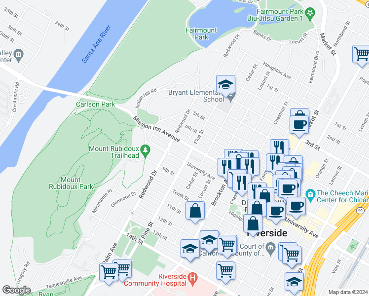 map of restaurants, bars, coffee shops, grocery stores, and more near 4430 Mission Inn Avenue in Riverside