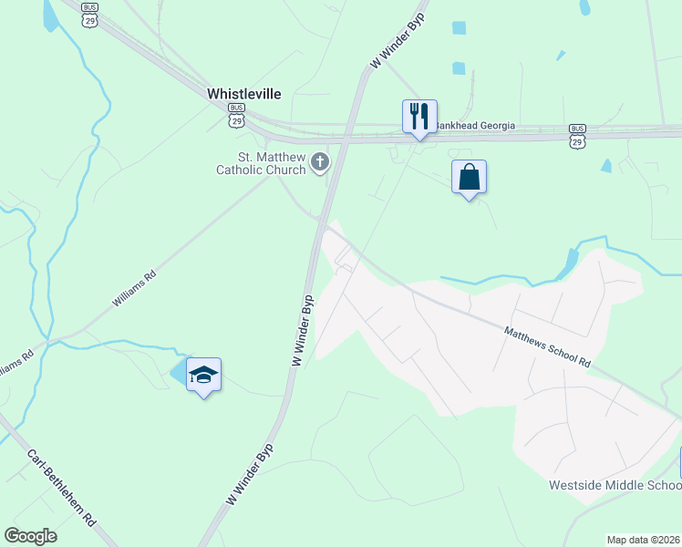 map of restaurants, bars, coffee shops, grocery stores, and more near 10 Patrick Mill Road Southwest in Winder