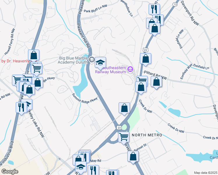 map of restaurants, bars, coffee shops, grocery stores, and more near 3200 Pleasant Hill Road in Duluth