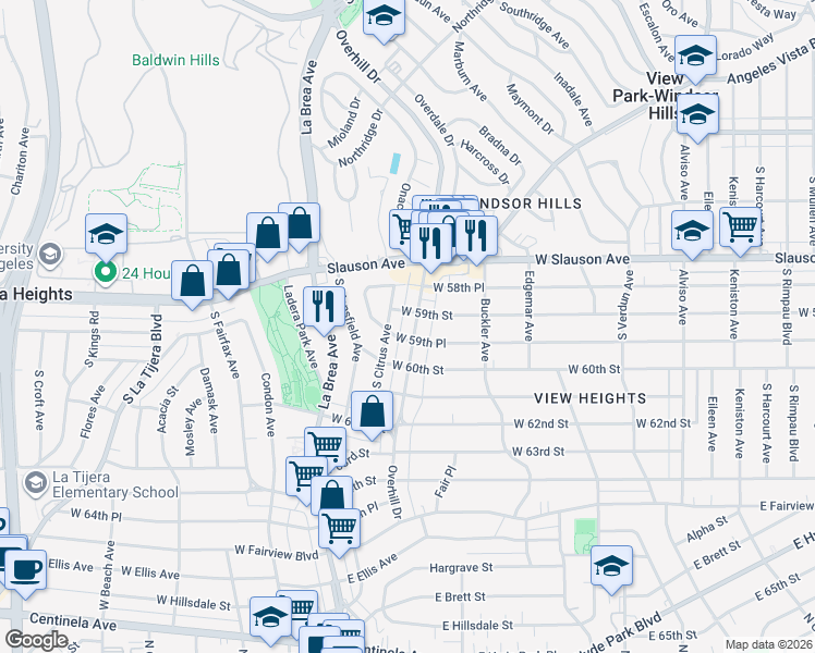 map of restaurants, bars, coffee shops, grocery stores, and more near 5913 Overhill Drive in View Park-Windsor Hills