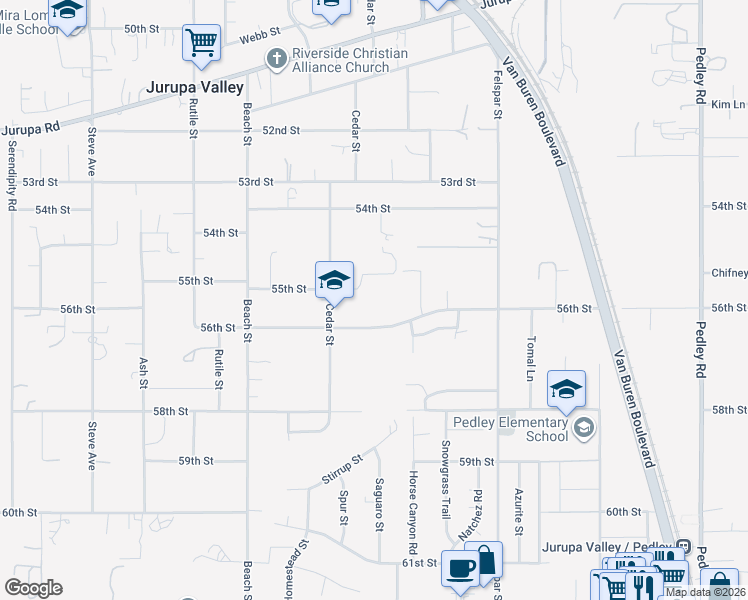 map of restaurants, bars, coffee shops, grocery stores, and more near 5498 Cedar Street in Jurupa Valley