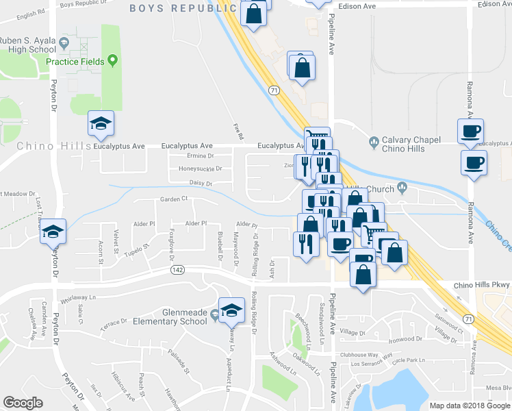 map of restaurants, bars, coffee shops, grocery stores, and more near 3916 Yellowstone Circle in Chino