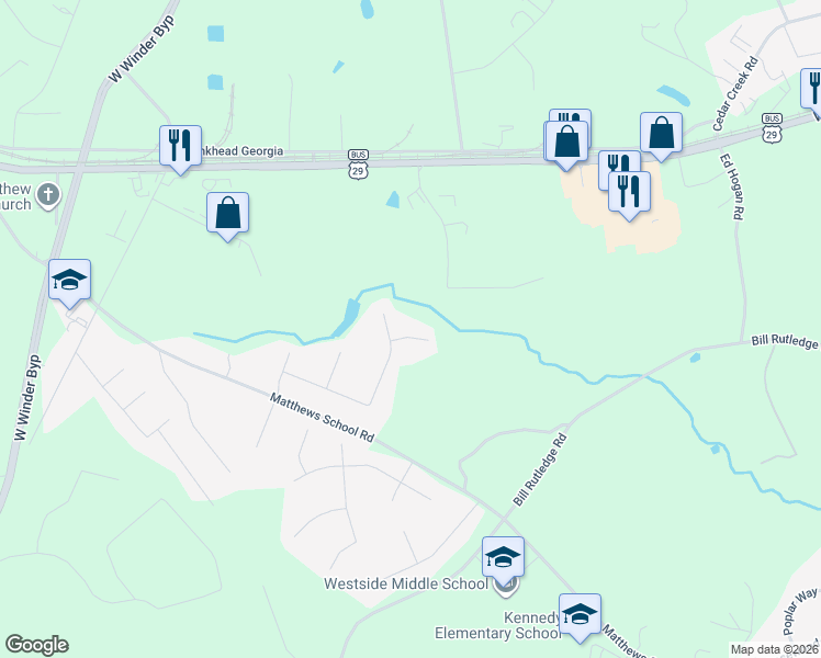 map of restaurants, bars, coffee shops, grocery stores, and more near 312 Devonshire Drive in Winder