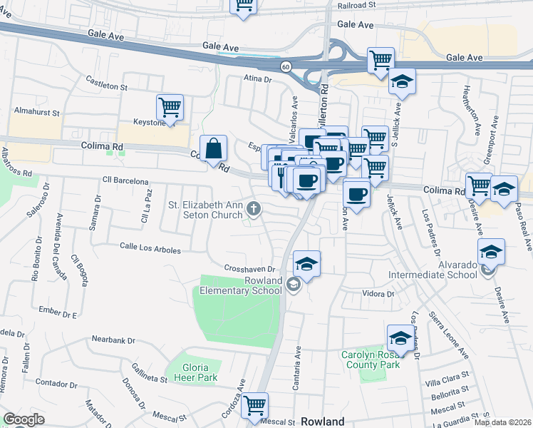 map of restaurants, bars, coffee shops, grocery stores, and more near 18214 Camino Bello in Rowland Heights