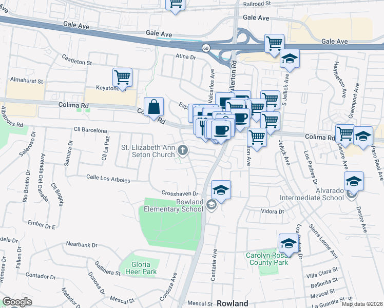 map of restaurants, bars, coffee shops, grocery stores, and more near 18103 Camino Bello in Rowland Heights