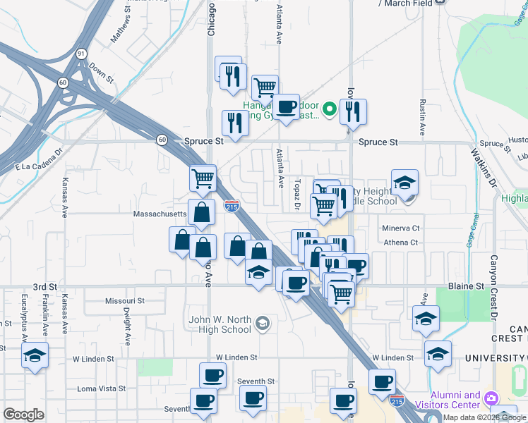 map of restaurants, bars, coffee shops, grocery stores, and more near 1525 Massachusetts Avenue in Riverside