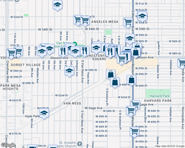 map of restaurants, bars, coffee shops, grocery stores, and more near 5910 Cimarron Street in Los Angeles