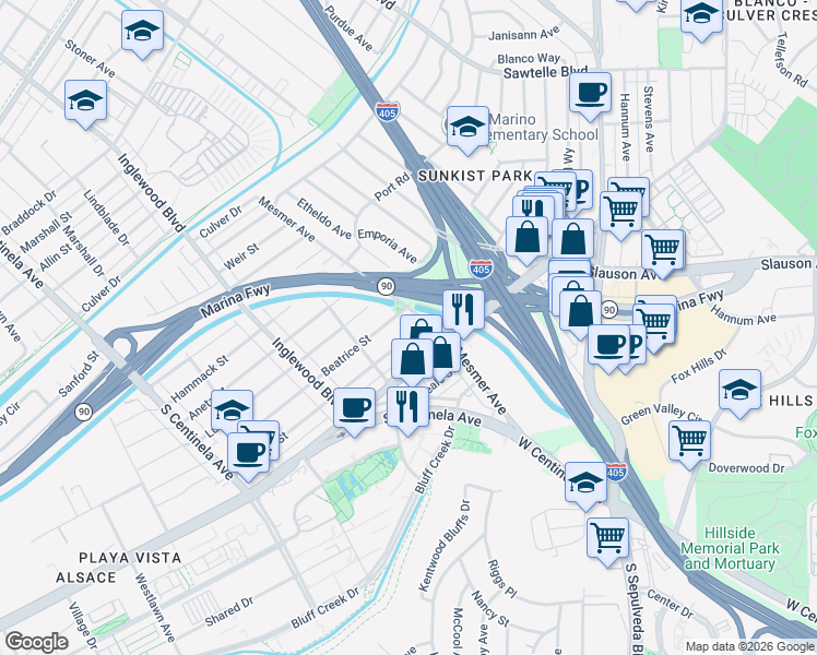 map of restaurants, bars, coffee shops, grocery stores, and more near 11821 Juniette Street in Los Angeles