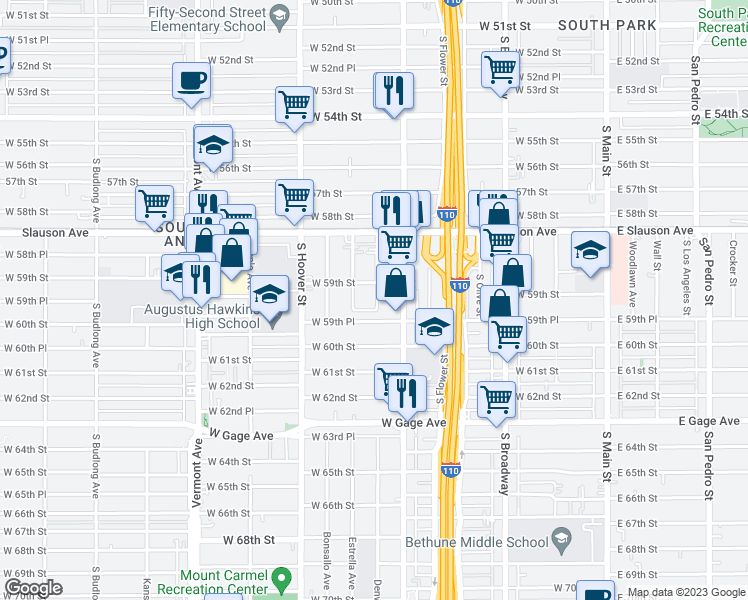 map of restaurants, bars, coffee shops, grocery stores, and more near 5917 Denver Avenue in Los Angeles